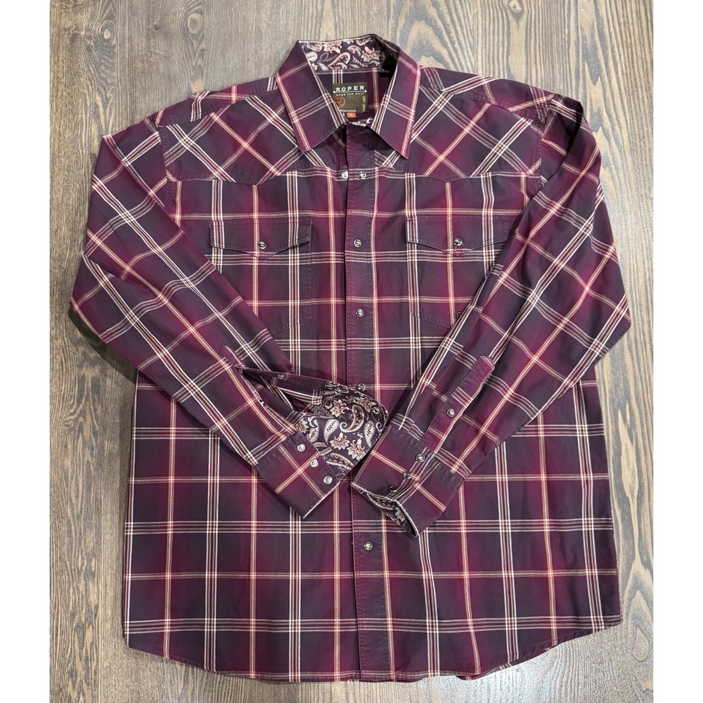 Roper Western Pearl Snap Shirt Red/maroon Plaid Long Sleeve Large Cowboy Vintage